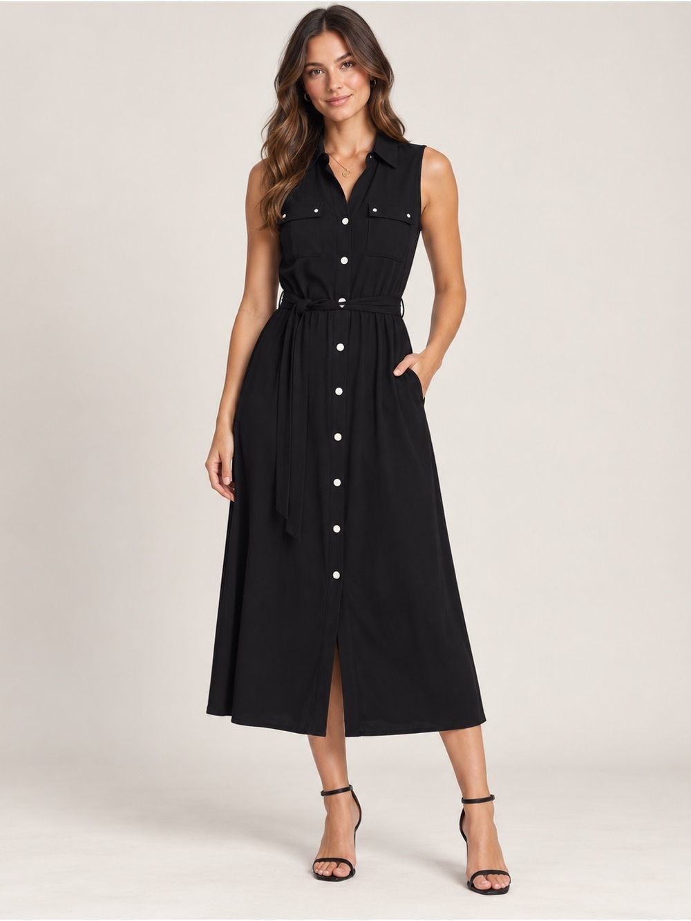 White House Black Market Black Sleeveless Button-Front Midi Dress with Tie Waist